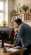 Man in denim shirt with headphones leaning over a desk at a red-lit monitor in a plant-filled room