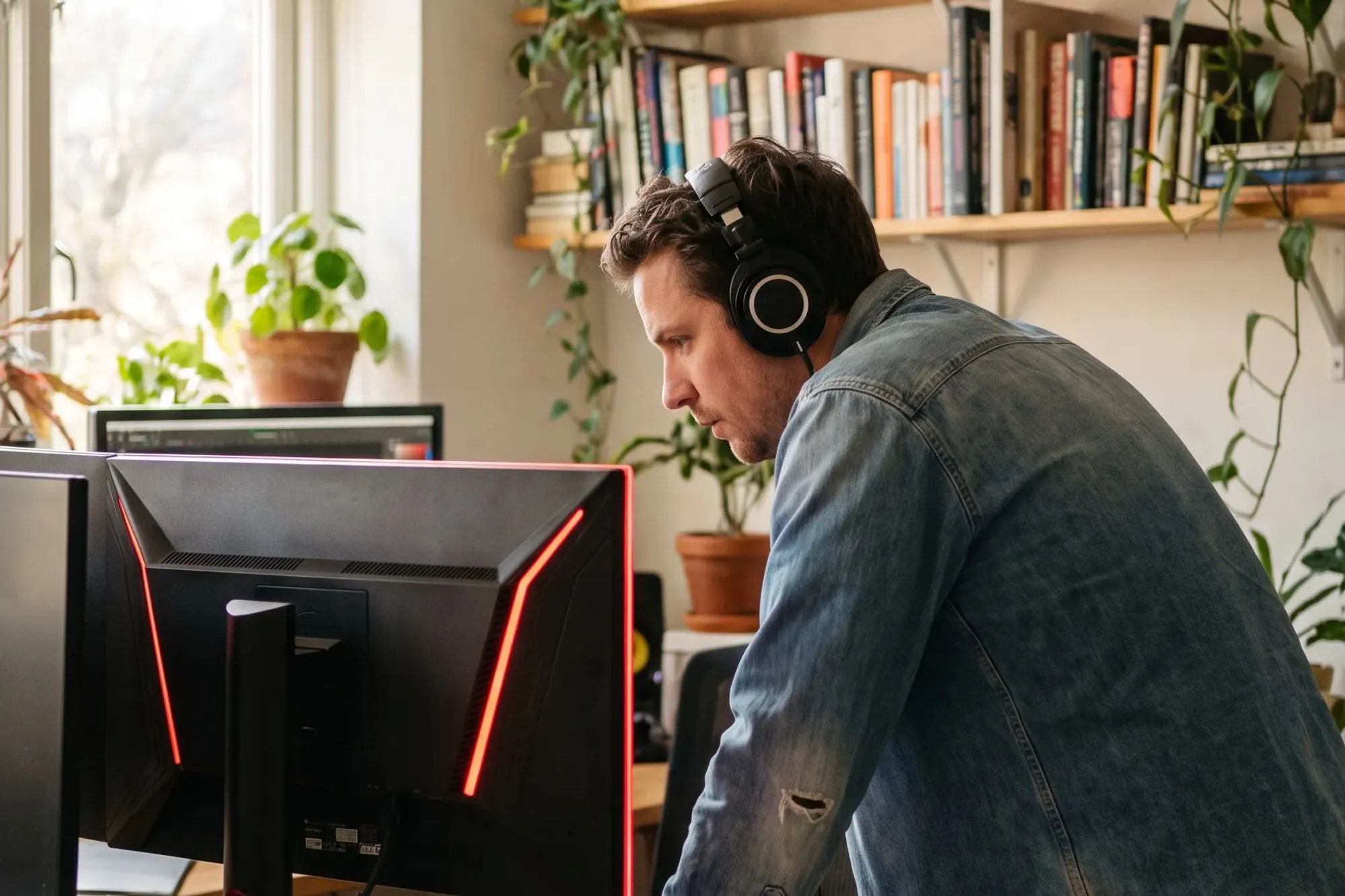 Hombre con camisa vaquera y auriculares inclinado sobre un escritorio ante un monitor de luz roja en una sala llena de plantas