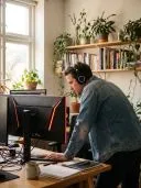 Mann im Jeanshemd mit Kopfhörern beugt sich über einen Schreibtisch an einem rot beleuchteten Monitor in einem pflanzenreichen Raum