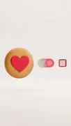 Galleta 3D con corazón rojo, un interruptor encendido y una casilla vacía sobre beige.