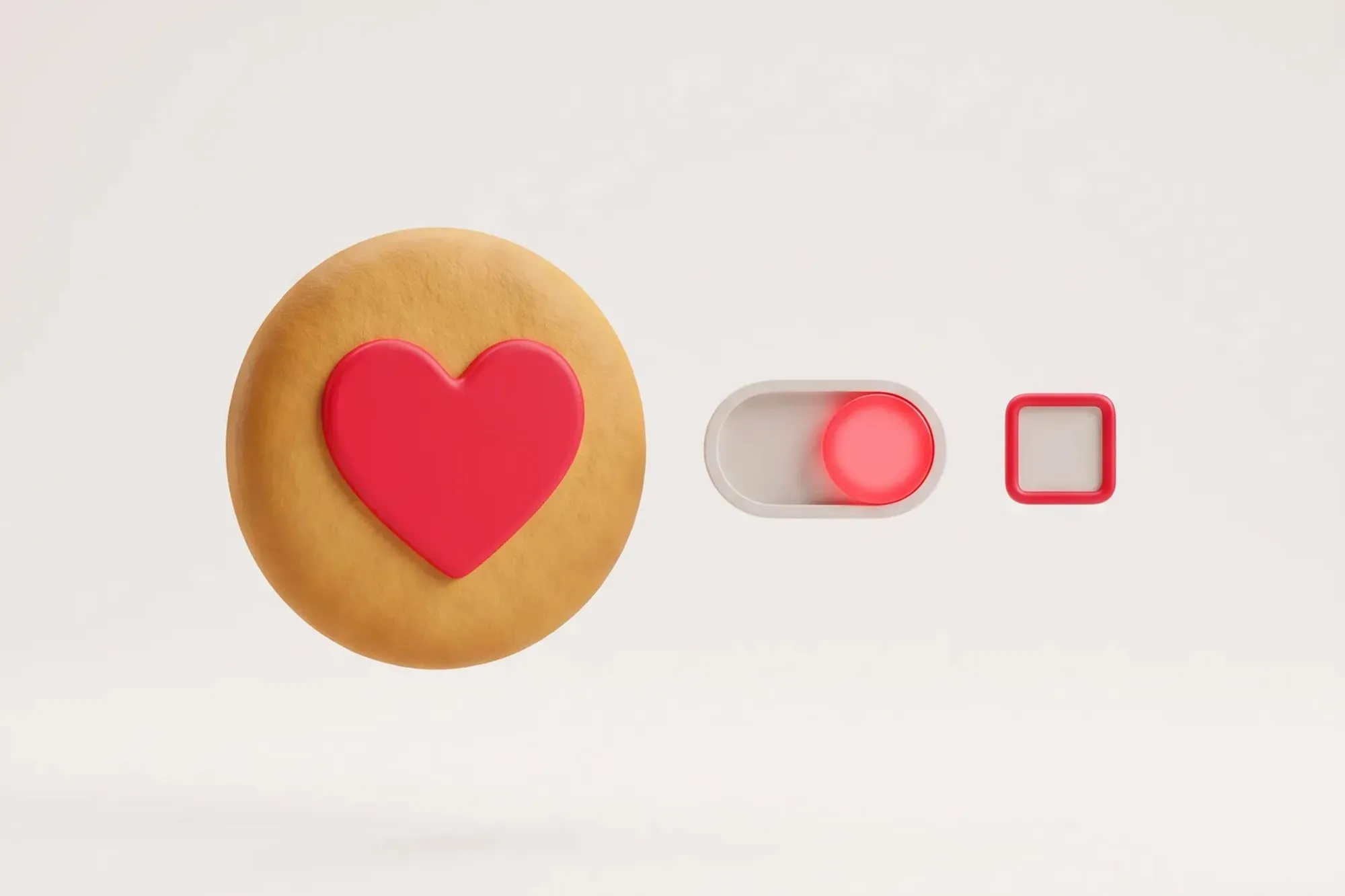 3D cookie with a red heart, an on toggle switch and an empty checkbox on beige.