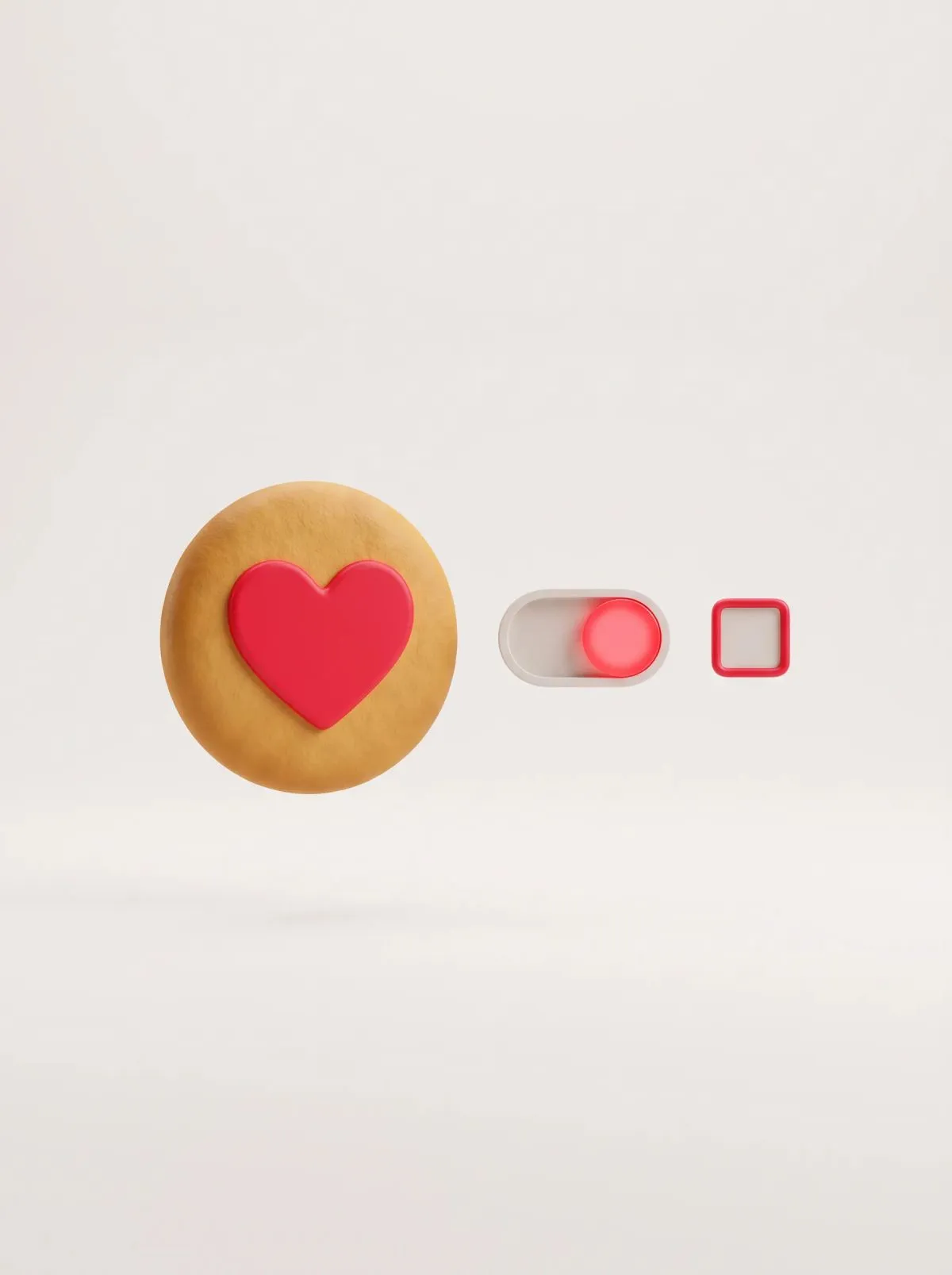3D cookie with a red heart, an on toggle switch and an empty checkbox on beige.