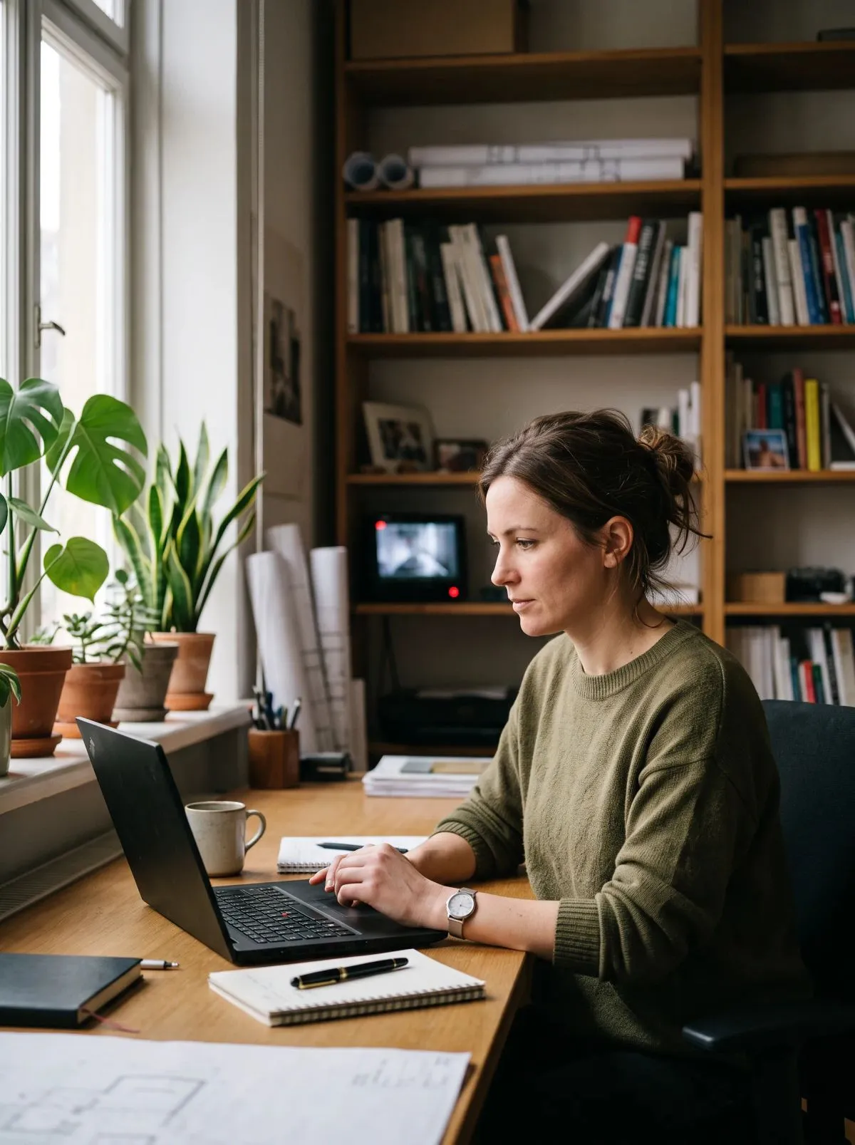 Woman in green sweater working on a laptop at a desk by a window with plants and bookshelves.