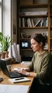 Woman in green sweater working on a laptop at a desk by a window with plants and bookshelves.