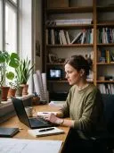 Woman in green sweater working on a laptop at a desk by a window with plants and bookshelves.