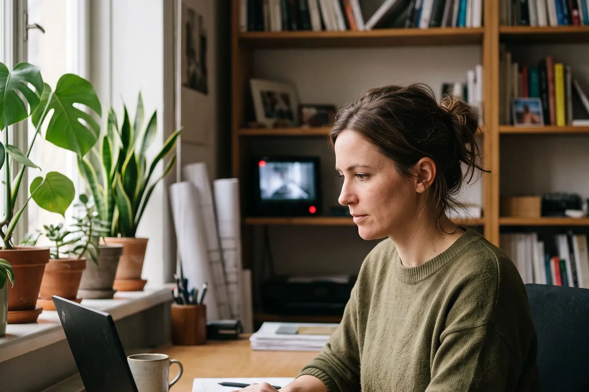 Woman in green sweater working on a laptop at a desk by a window with plants and bookshelves.