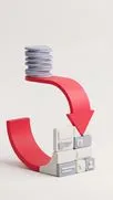 3D render of a stack of grey coins with a red arrow curving down toward white and grey interface blocks.