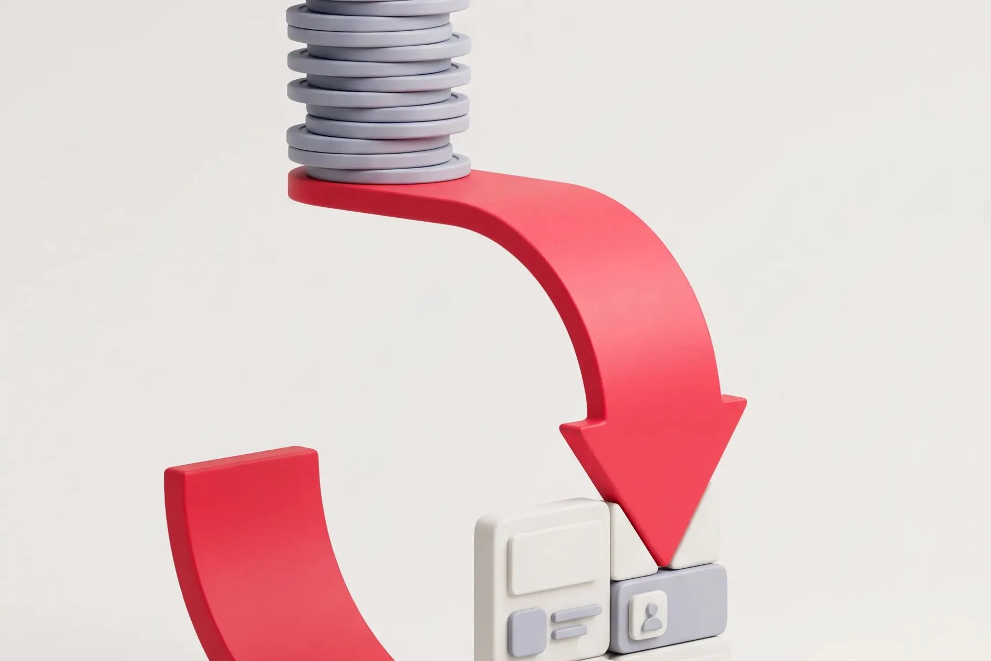 Render 3D de una pila de monedas grises con una flecha roja curva que apunta a bloques de interfaz blancos y grises.